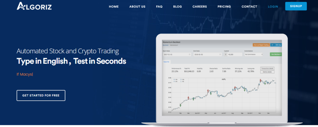 Algoriz ai stock trading bots homepage