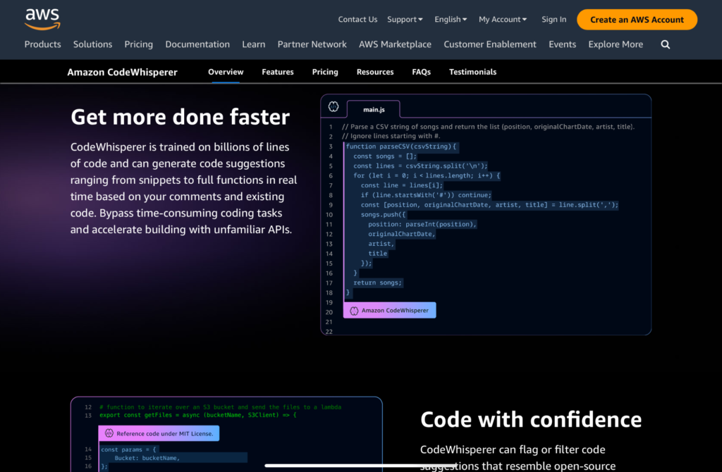 Amazon Codewhisperer homepage