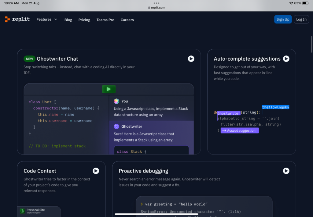 Replit Ghostwriter homepage