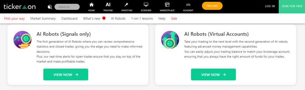 Tickeron ai stock trading bot homepage