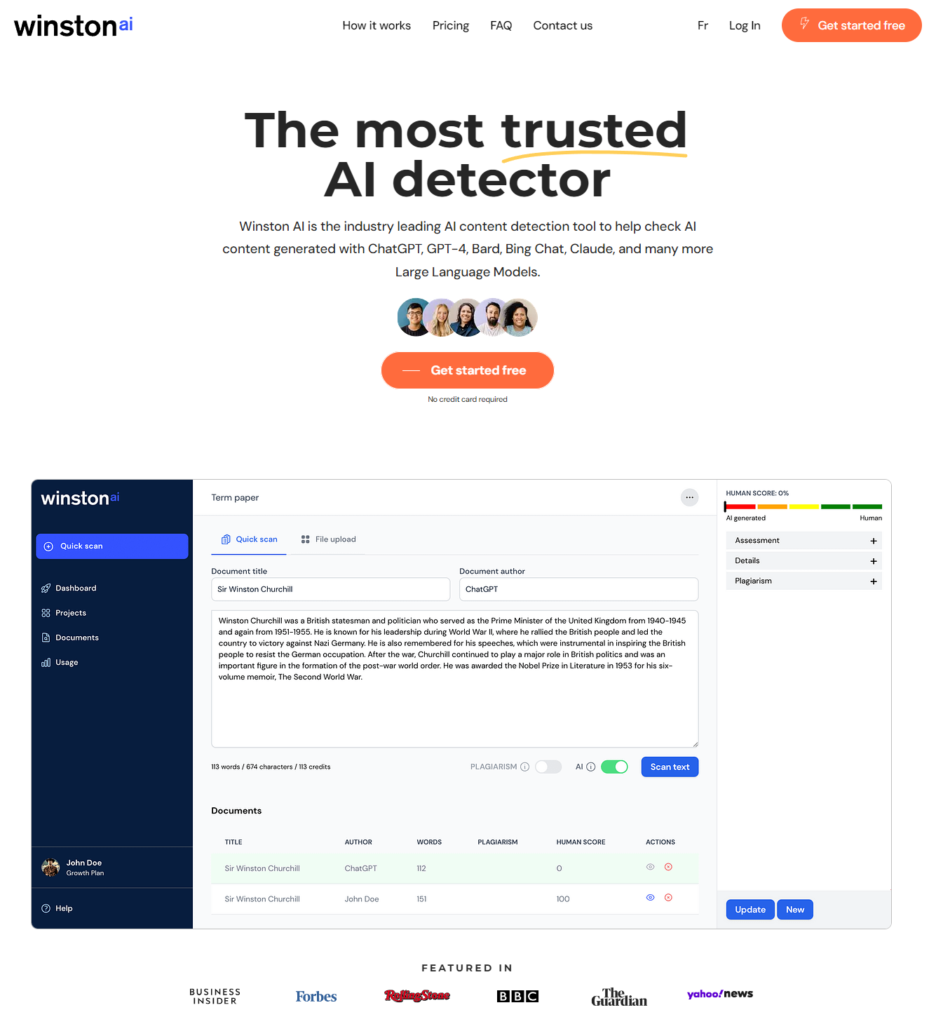 Winston AI content detector homepage