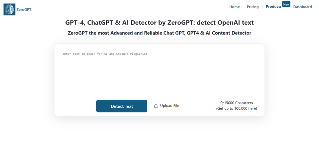 ZeroGPT content detector homepage