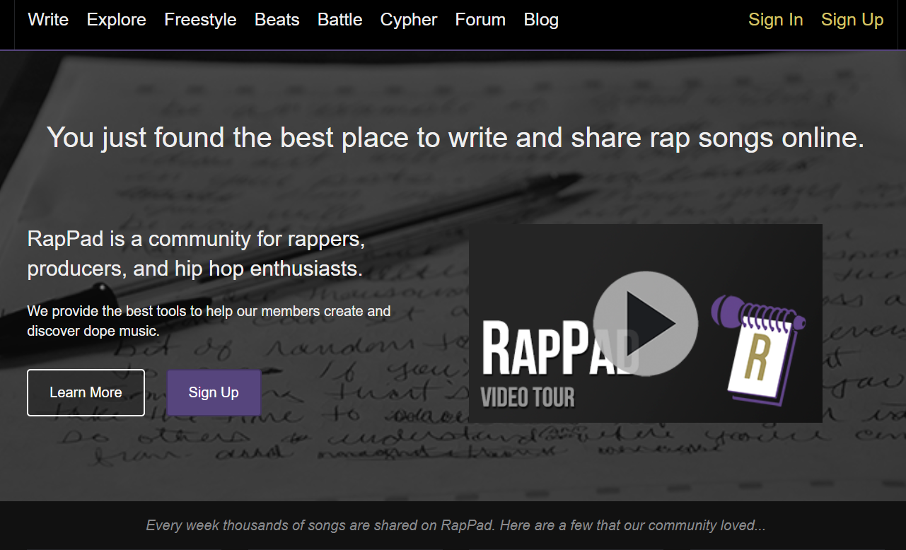RapPad - one of the AI lyrics generators